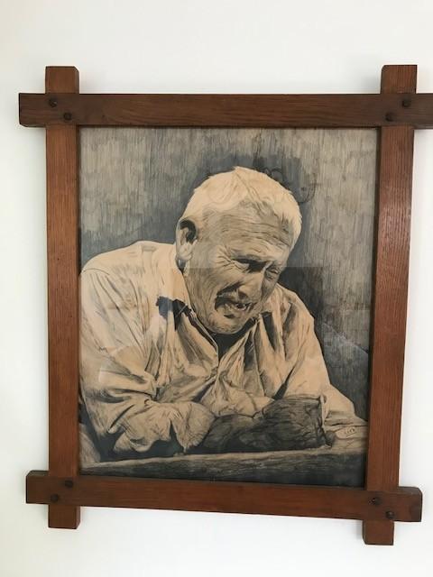 Grote potloodtekening portret oude man zonder tanden. Kock, Ophalen