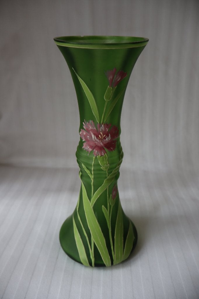 Antiek Boheems Art Nouveau glas emaille vaas c 1900, Antiek en Kunst, Antiek | Glas en Kristal, Ophalen of Verzenden