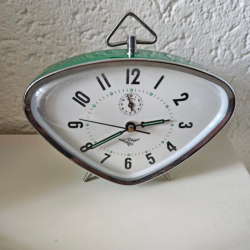 Vintage mechanische klok groen wekker wijzers opdraaibaar, Ophalen of Verzenden, Zo goed als nieuw, Analoog