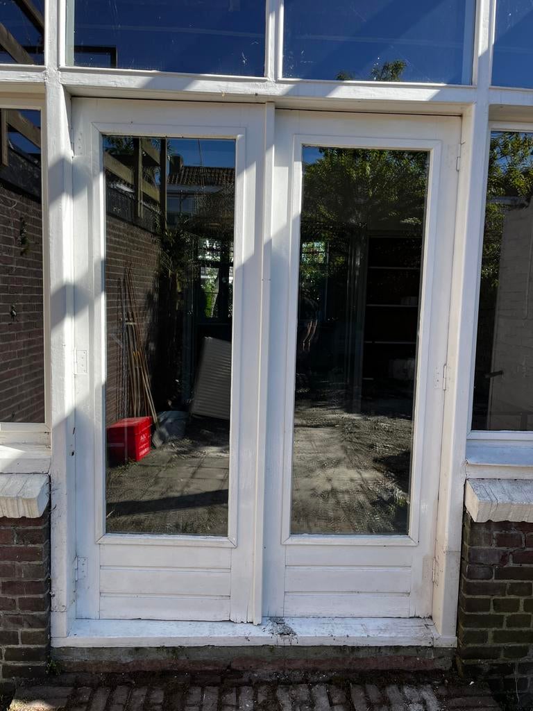 Dubbele houten tuindeuren met glas, Gebruikt, Buitendeur, 200 tot 215 cm, Hout