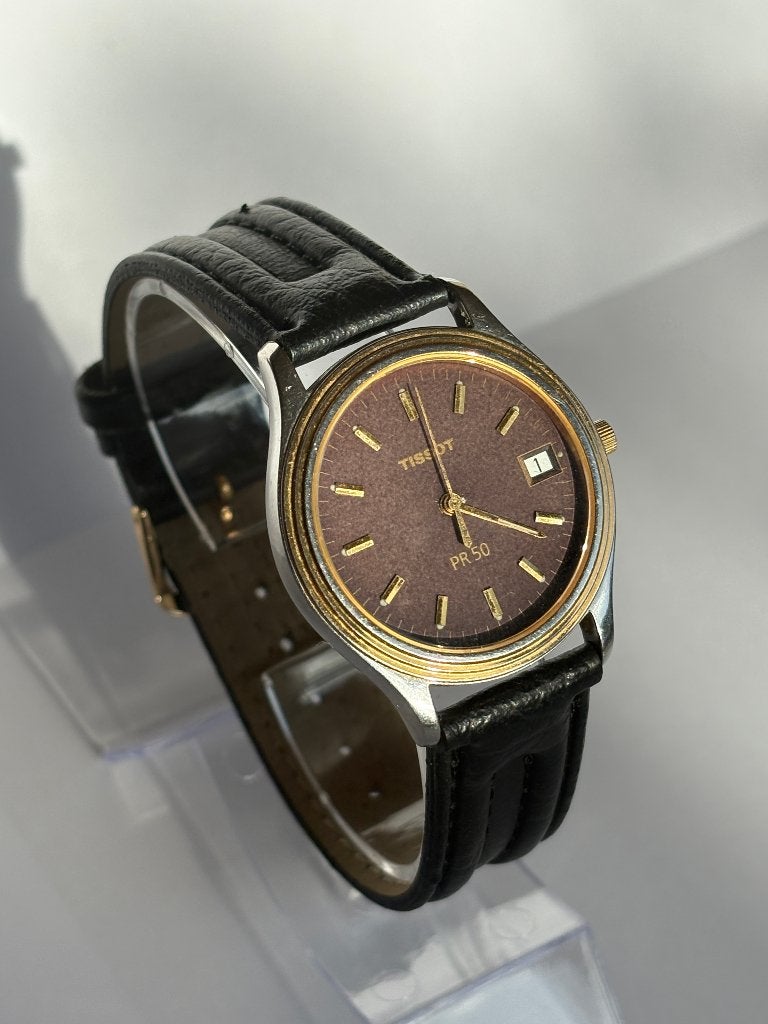 Vintage Tissot PR50 — Bruine wijzerplaat, Two-tone, Overige merken, Ophalen of Verzenden, Goud, Leer