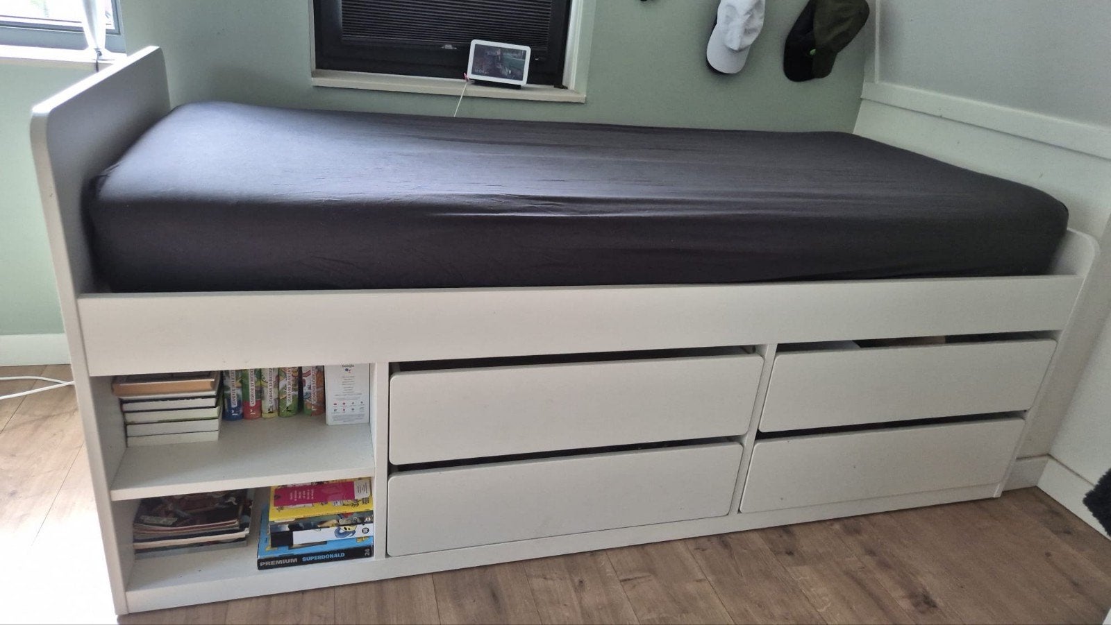 Bed zo goed als nieuw met opbergruimte, Ophalen, 90 cm, Eenpersoons, Wit