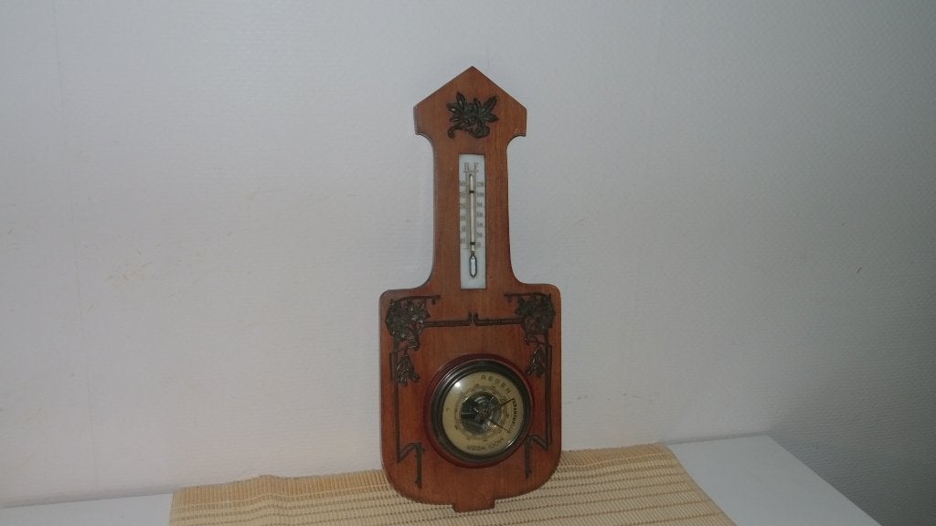 Antieke Thermometer/Barometer Bordenrek  Koperen Beddenpan , Ophalen of Verzenden
