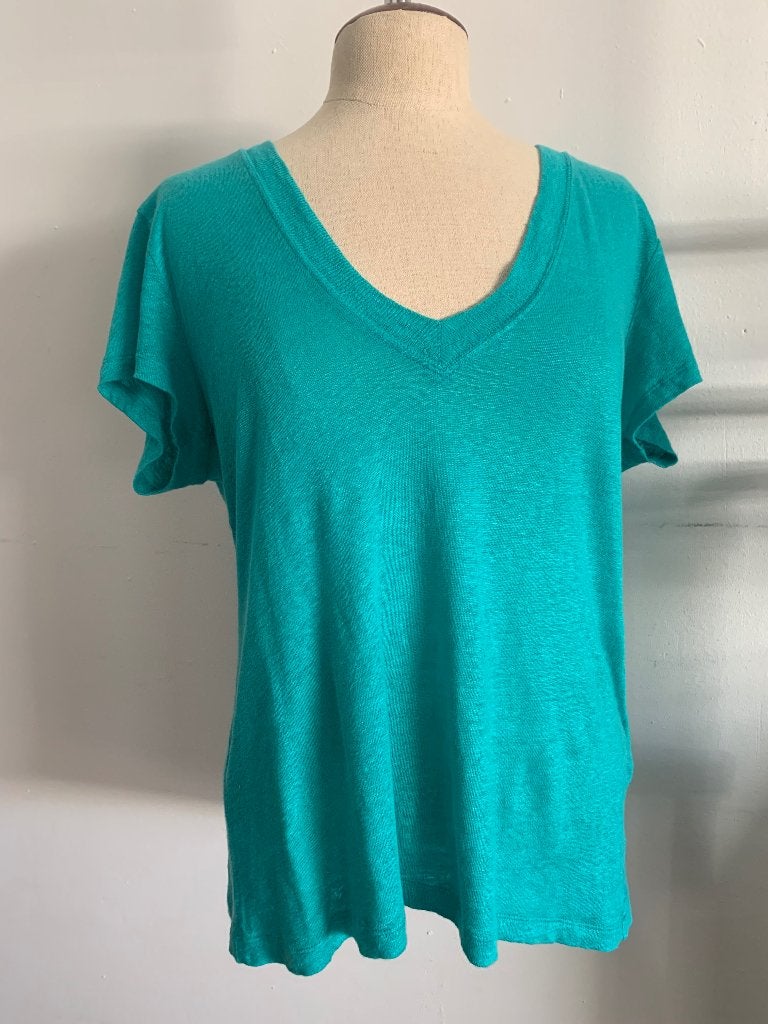 Iro Paris t-shirt v- hals linnen groen blauw L= M/38 - L/40, Maat 38/40 (M), Verzenden, Zo goed als nieuw, Korte mouw