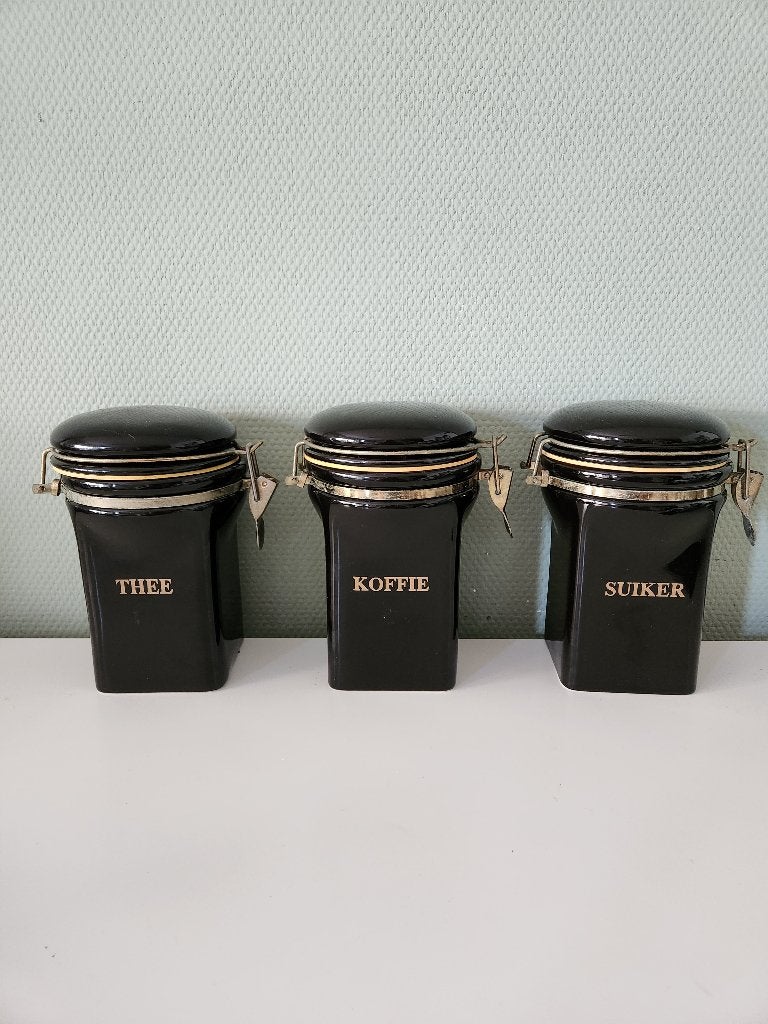 Vintage zwarte voorraadpotten - thee/koffie en suiker, Ophalen