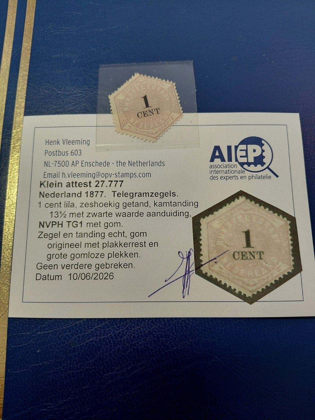 Nederland NVPH TG1 telegramzegel met certificaat, Postzegels en Munten, Postzegels | Nederland, Ophalen of Verzenden, T/m 1940