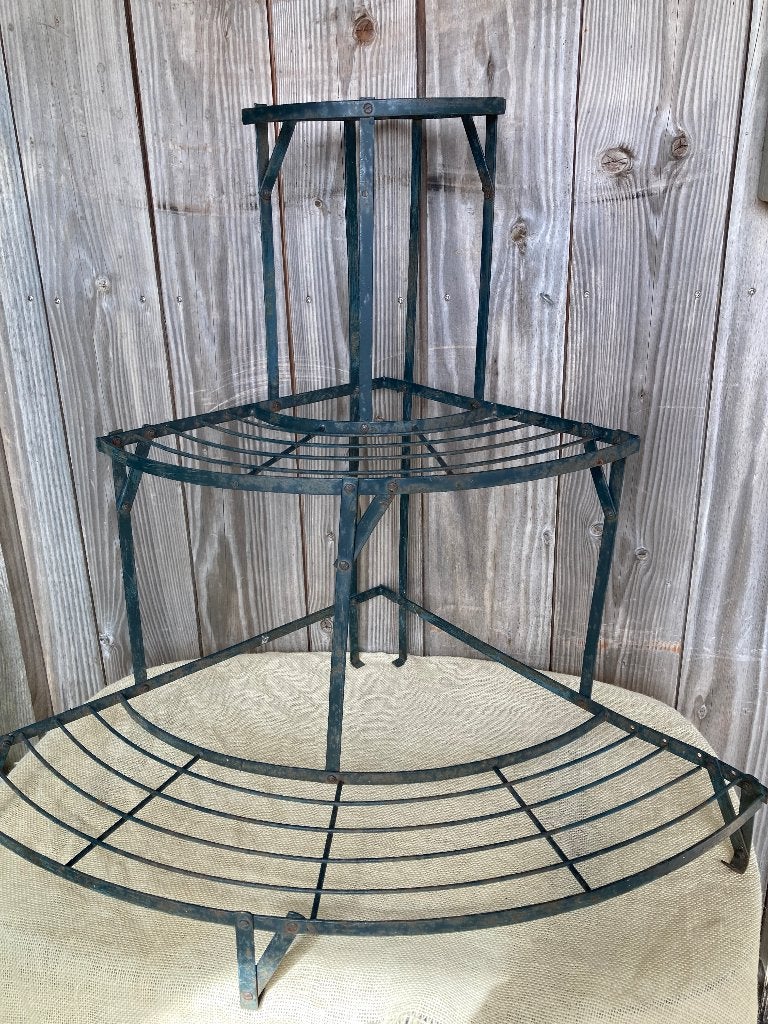 Charmant vintage ijzeren hoekplantenrek – Groen – 3 etages, Ophalen, Gebruikt