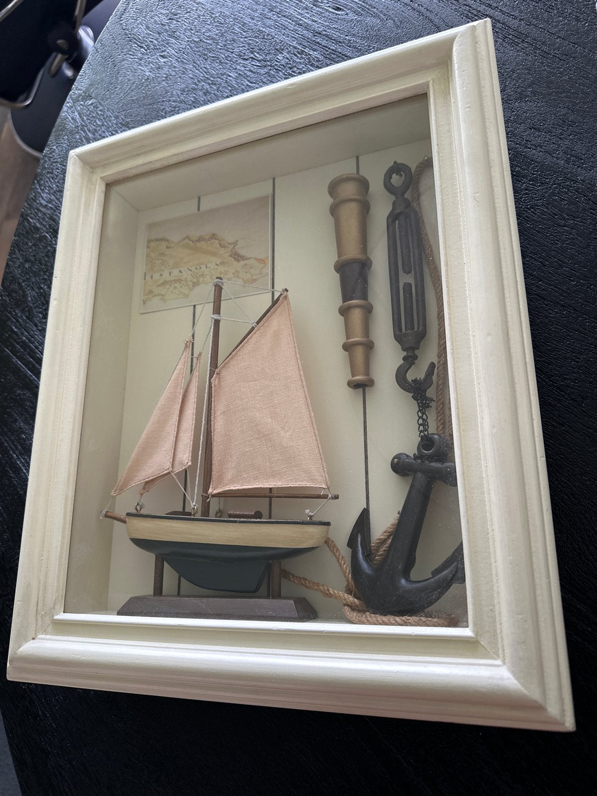 Nautisch schilderij met boot, anker en telescoop, Ophalen, Meerkleurig, Zo goed als nieuw, Vintage
