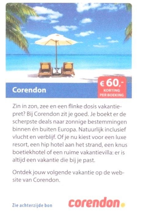 Corendon € 60,- korting per boeking, Drie personen of meer, Kortingsbon, Overige typen