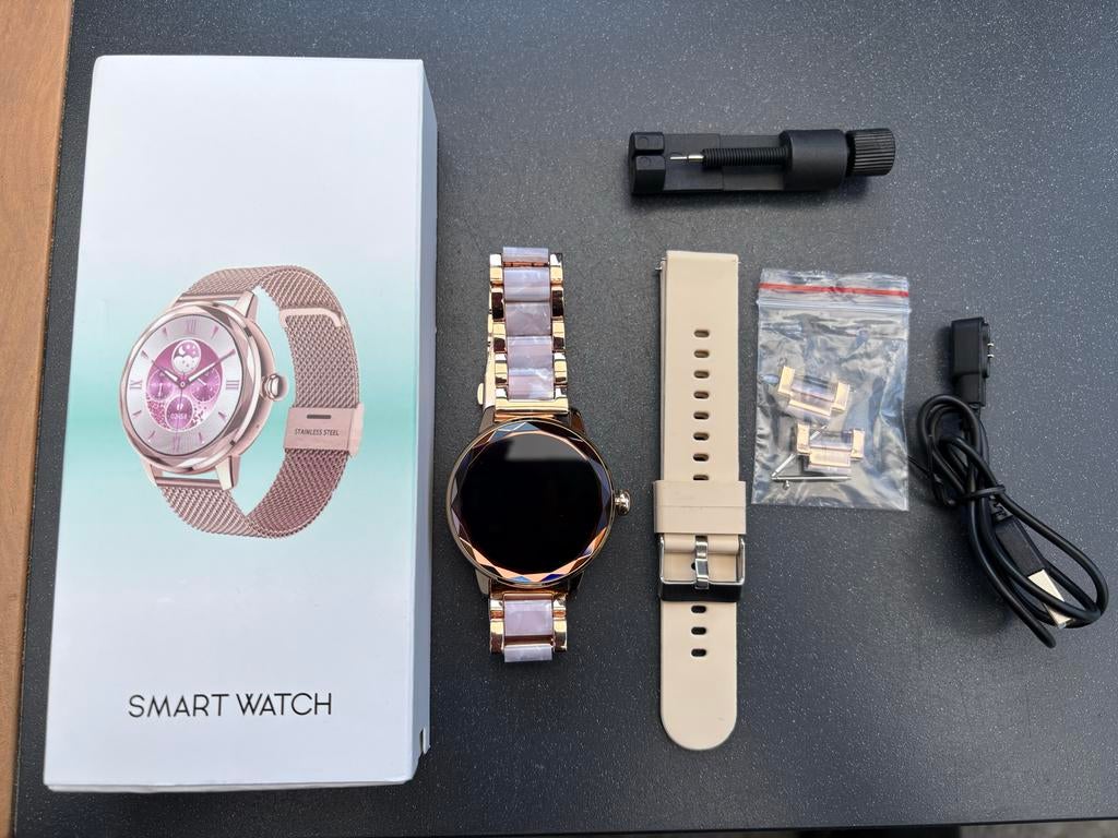 Stijlvolle Roségouden Smartwatch met Extra Bandje, Hartslag, Ophalen of Verzenden, Zo goed als nieuw, Android