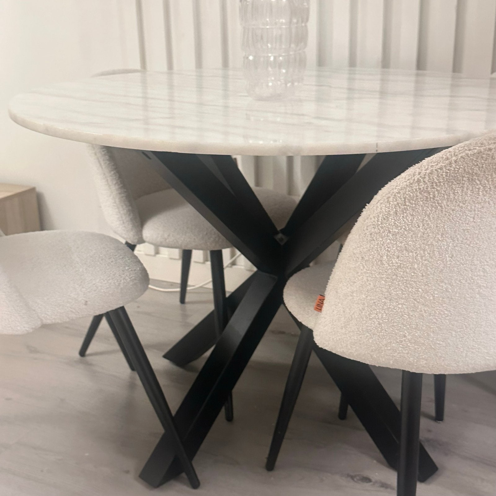 Eettafel met marmeren blad en 6 stoelen, Overige materialen, Gebruikt, Rond, Ophalen of Verzenden