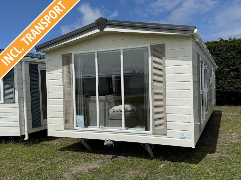Kunststof chalet bj 2014 met 2 slaapkamers 370 x 1000 cm!, Caravans en Kamperen, Stacaravans