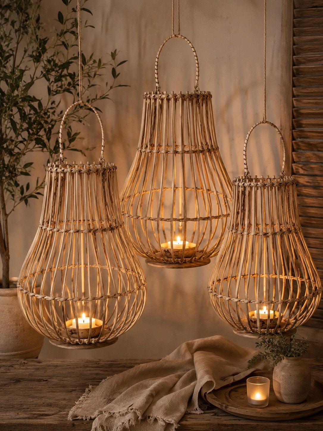 Nieuw rotan hangwindlicht / lantaarn – Boho stijl – 3 stuks, Ophalen of Verzenden, Zo goed als nieuw, Rond, Riet