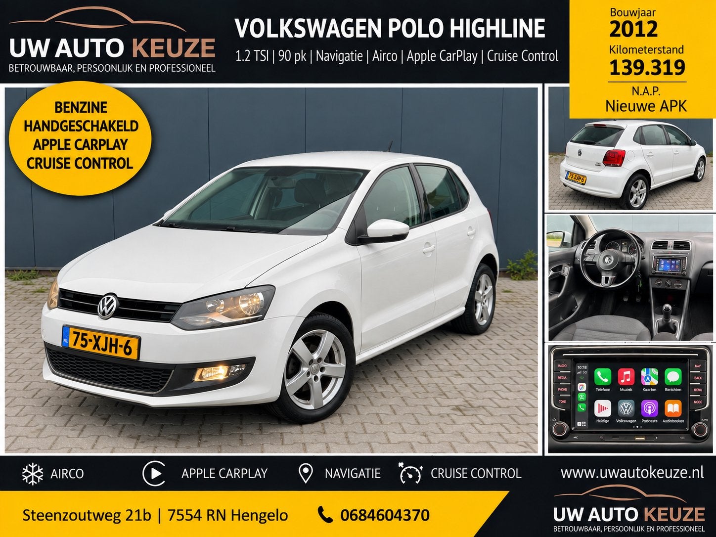 Volkswagen Polo 1.2 TSI 2012 N.A.P carplay cruise control, Auto's, Voorwielaandrijving, Euro 5, Stof, 40 €/maand