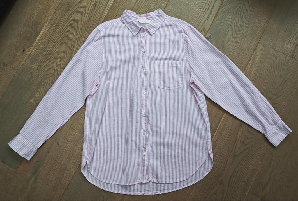 Te koop: Roze gestreept overhemd LINEN BLEND van H&M Mt:S, Kleding | Dames, H&M, Ophalen of Verzenden, Zo goed als nieuw, Roze