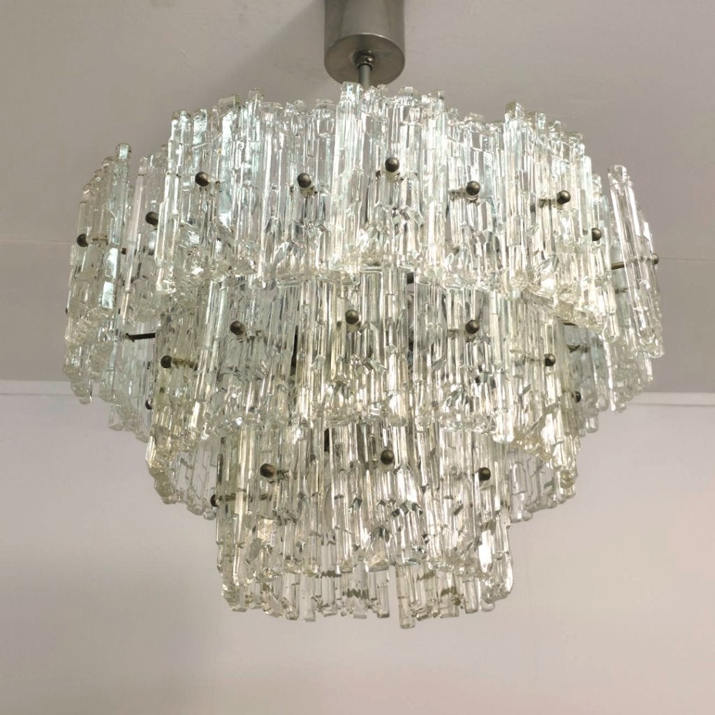 Kalmar ijsglas kroonluchter 60's xl formatt mid century, Ophalen, Gebruikt, Glas, E27 (groot)