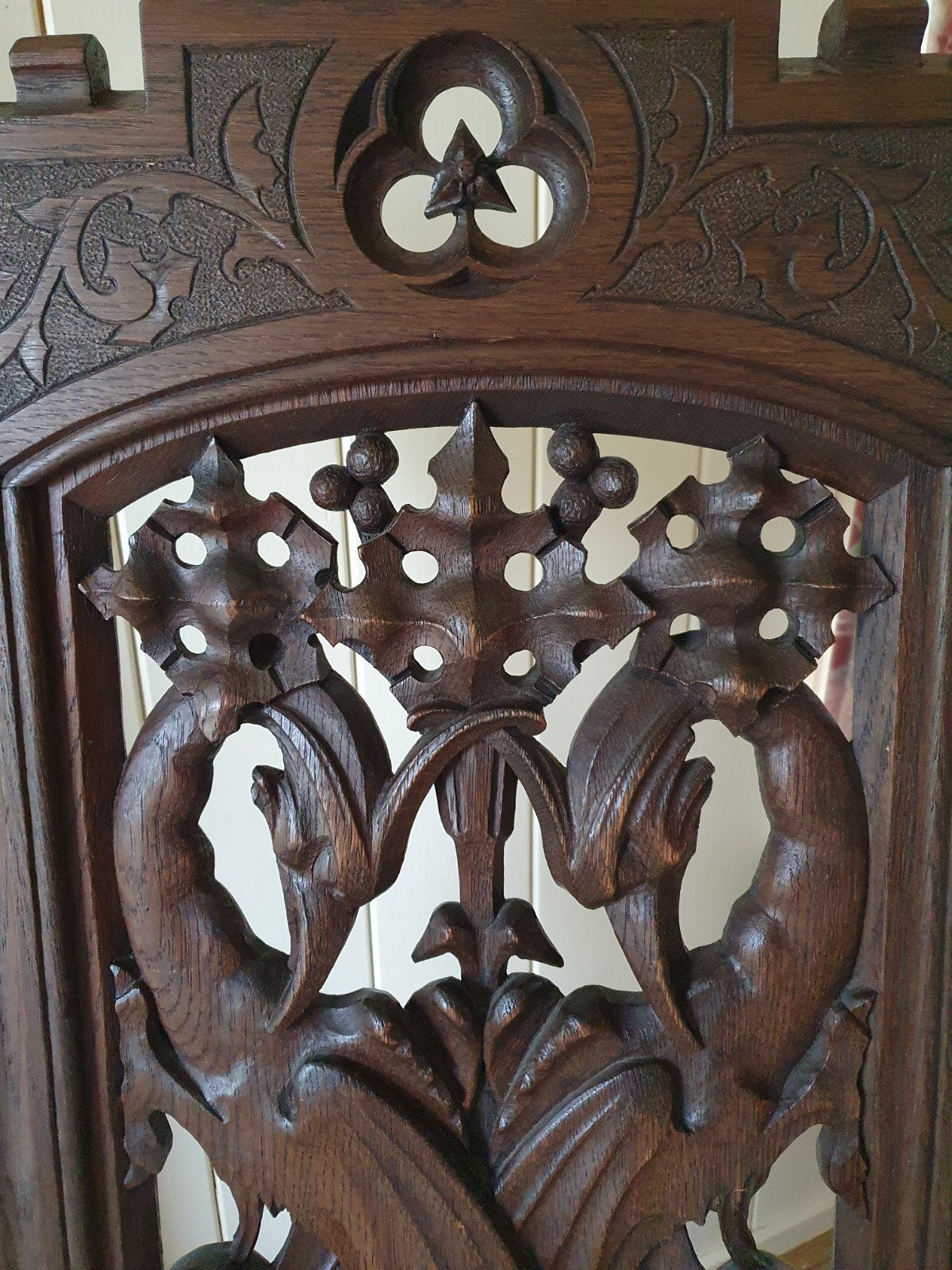 Antieke troon stoel phoenix houtsnijwerk caduceus symbool, Ophalen