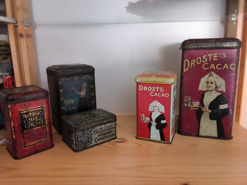 Set van 5 Antieke Cacao Blikken - Droste, De Jong's, Antiek en Kunst, Ophalen of Verzenden