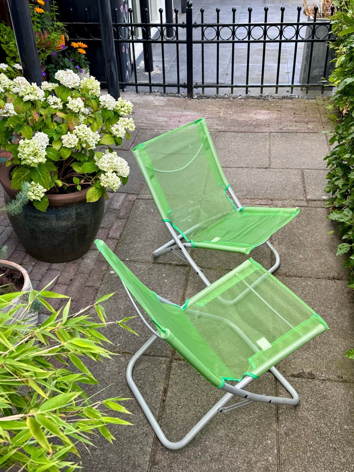 Groene strandstoelen/tuinstoeltjes, Ophalen, Gebruikt, Metaal, Inklapbaar