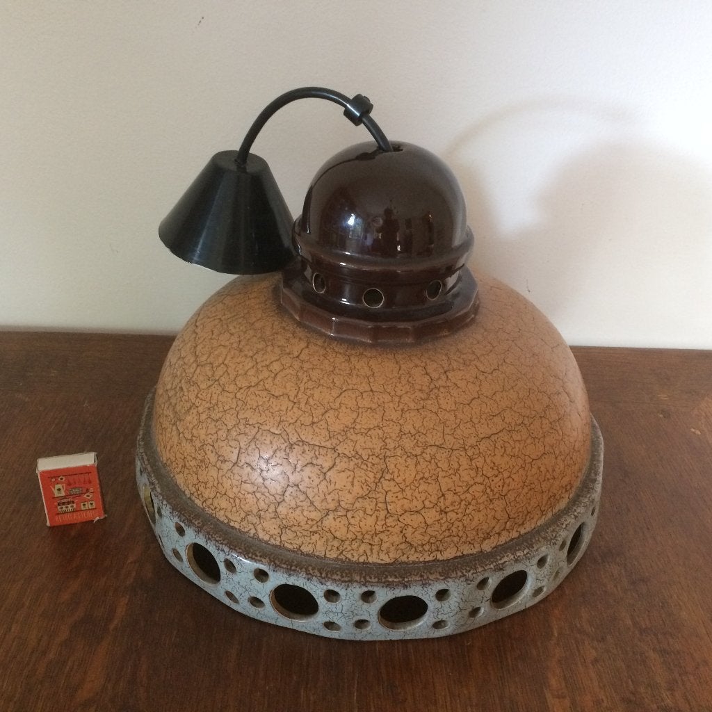 Jaren 70 keramiek grote kelk hanglamp bruin blauw grijs, Ophalen of Verzenden, Zo goed als nieuw, Overige materialen, 50 tot 75 cm