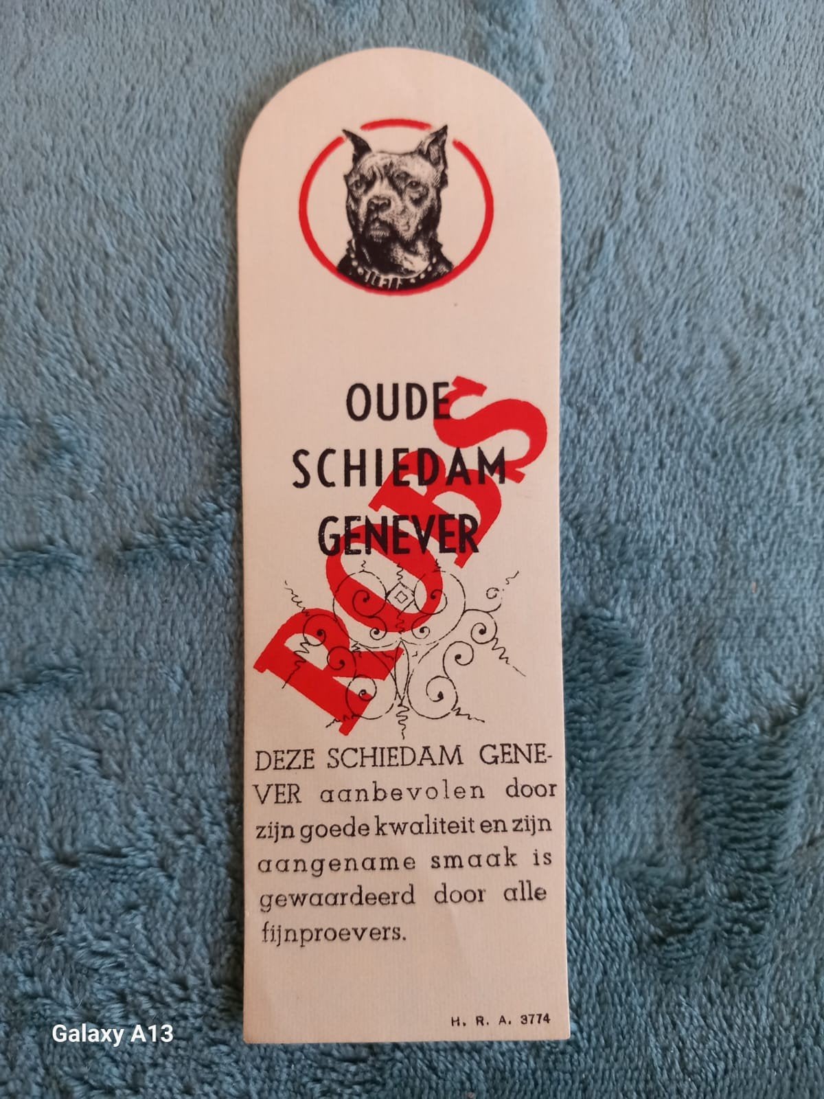 Zeldzaam Historisch Jenever Kelderfles Etiket Robs Dobermann, Ophalen of Verzenden, Zo goed als nieuw, Overige typen
