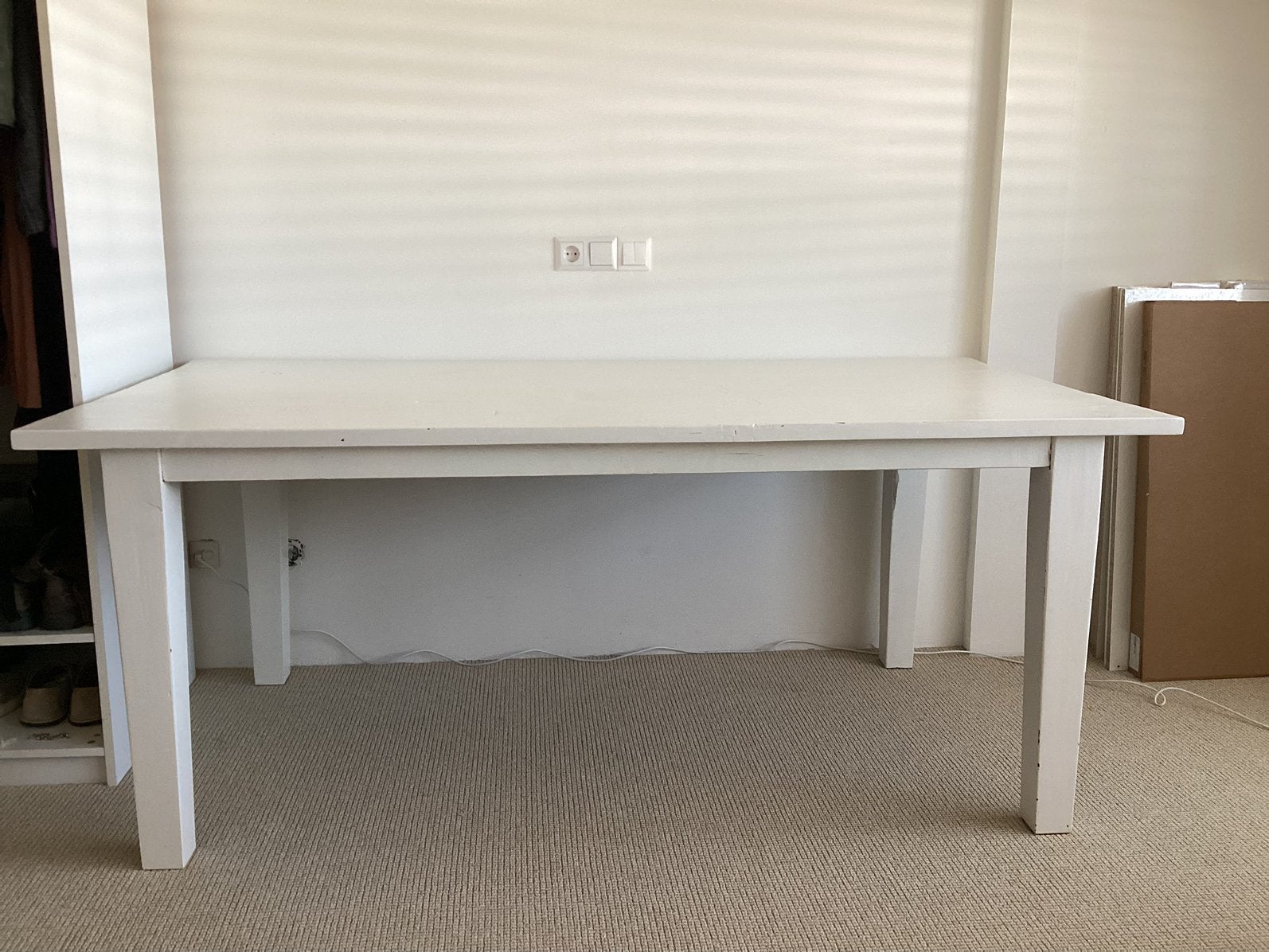 Wit geverfde teakhouten tafel, Ophalen, 50 tot 100 cm, Zo goed als nieuw, 150 tot 200 cm