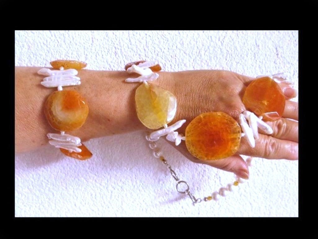Bijzonder Sieradenset Collier/Armband/Agaat/Biwa /Zoet/Parel, Verzenden, Overige materialen, Overige typen, Met edelsteen