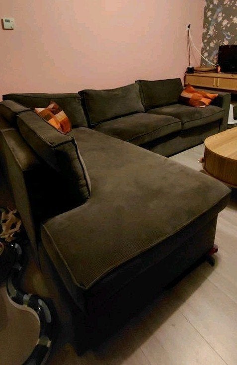 Woood Hoekbank Thomas donkergrijs ribstof, Ophalen, Modern, Comfortabel, 250 tot 300 cm, Gebruikt
