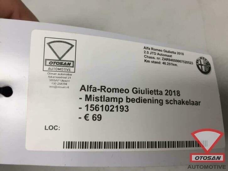 alfa romeo giulietta 2018 mistlamp bediening schakelaar 1561, Gebruikt, Dpofca@stellantis.com, Stellantis Europe S.p.A., Ophalen of Verzenden
