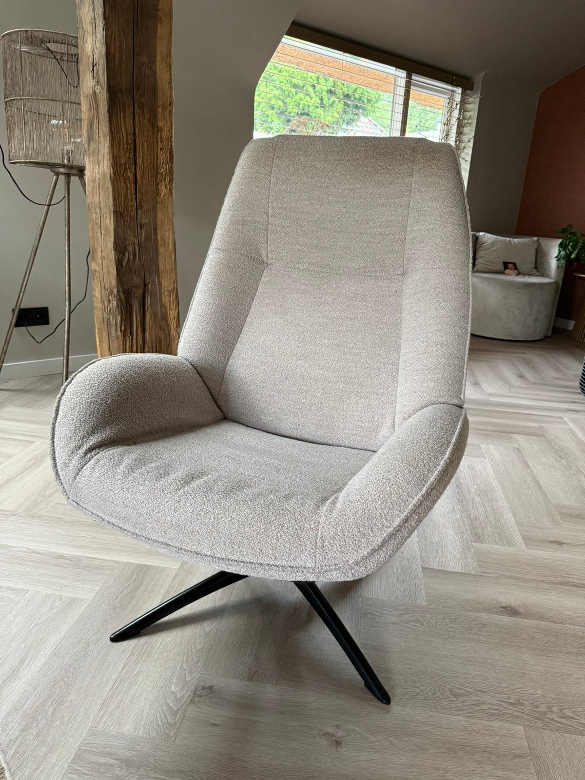 Heerlijke Draai Fauteuil boucle beige 2-standen, Huis en Inrichting, Fauteuils, Ophalen, 75 tot 100 cm, Zo goed als nieuw, Stof