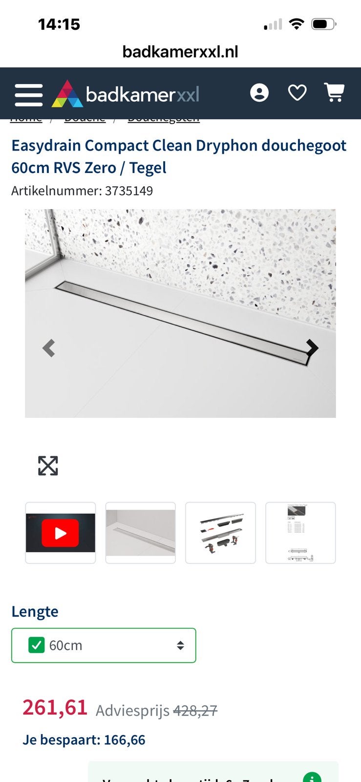 easydrain douchegoot 60, Doe-het-zelf en Verbouw, Ophalen of Verzenden, Zo goed als nieuw, Chroom, Douche