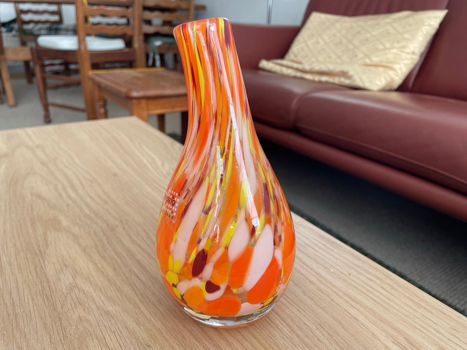 Fidrio Holland glazen vaasje - Oranje/geel/rood spikkel, Handgemaakt, Oranje, 15 cm, Ophalen of Verzenden
