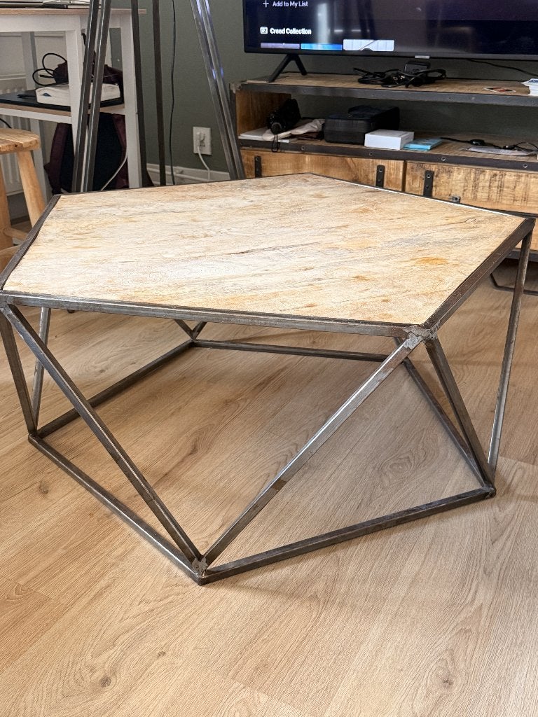 Industriële Salontafel Metaal/Hout (Hexagon) 42x80(92)cm, Huis en Inrichting, Tafels | Salontafels, Ophalen, Gebruikt, 50 tot 100 cm