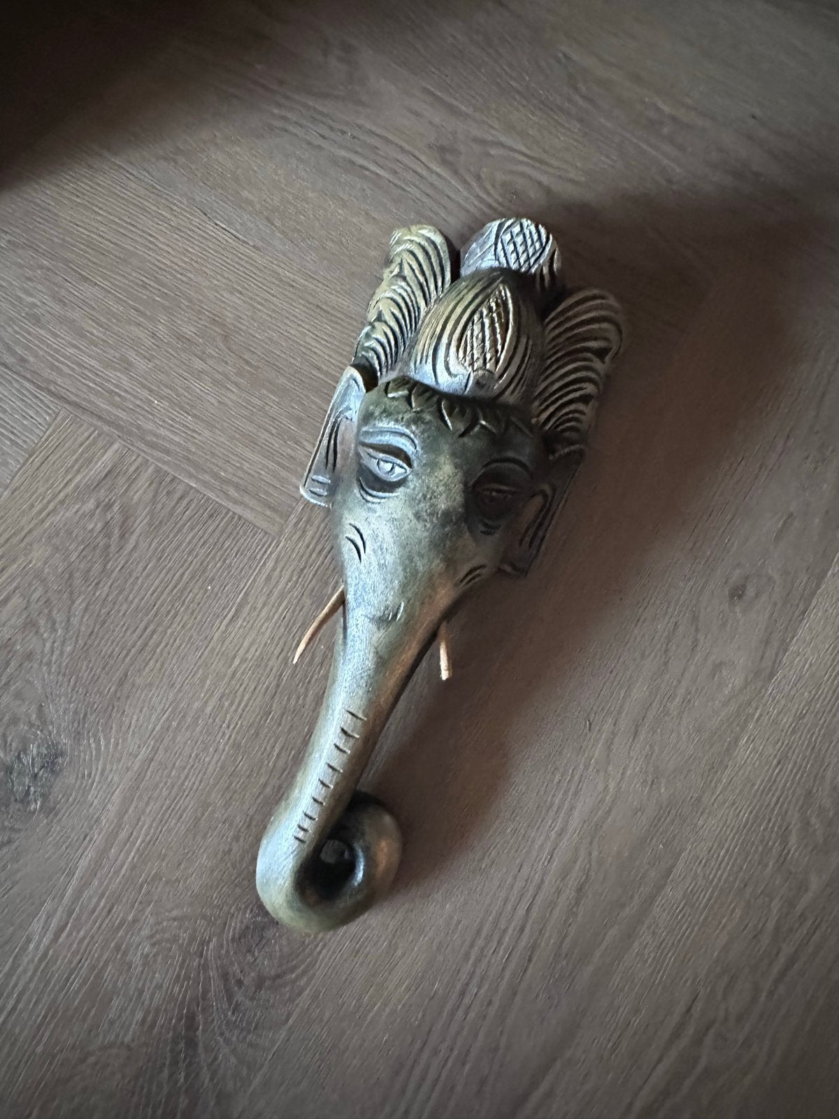 Ganesha wanddecoratie - Olifanten god hout bruin brons goud, Verzenden, Bruin, Overige materialen, Handgemaakt
