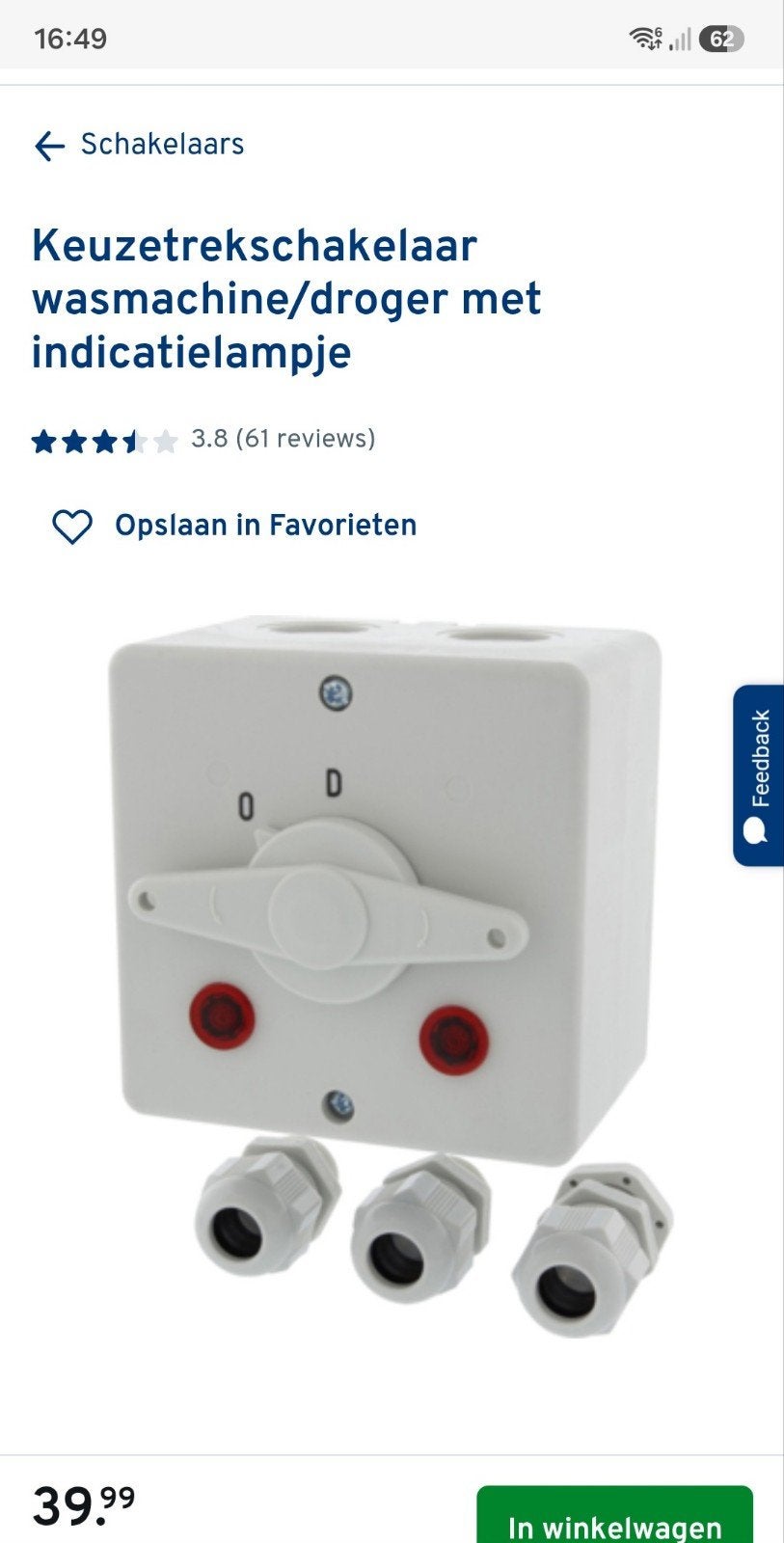 Keuzetrekschakelaar wasmachine/droger met indicatielampje, Ophalen of Verzenden, Nieuw