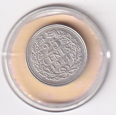 25 Cent 1941 met randtikje, Verzenden, Zilver, 25 cent, Koningin Wilhelmina