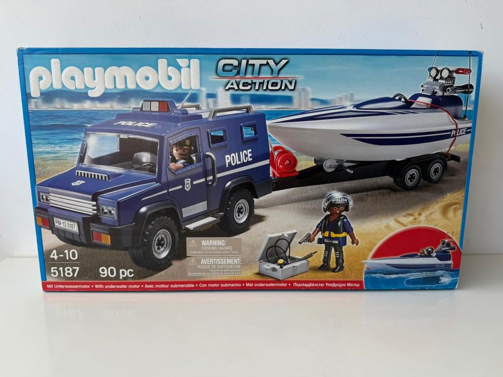 Playmobil City Action 5187 Politieterreinwagen met speedboot, Ophalen of Verzenden, Zo goed als nieuw, Complete set