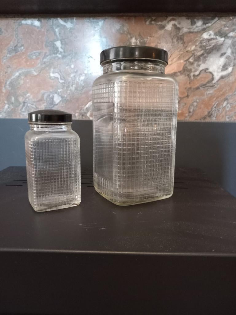 Set van 2 glazen voorraadpotten met rasterpatroon, Ophalen of Verzenden, Voorraadpot, Overige merken, Glas