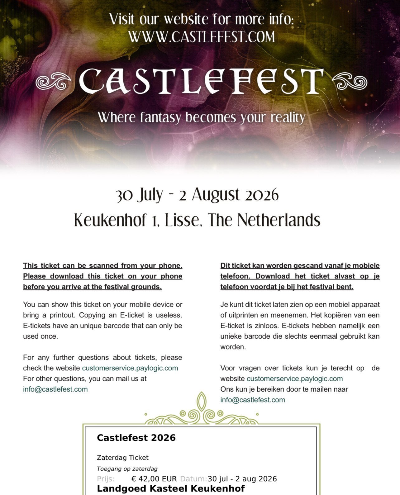 Castlefest ticket zaterdag 1/8/2026, Tickets en Kaartjes, Evenementen en Festivals, Eén persoon