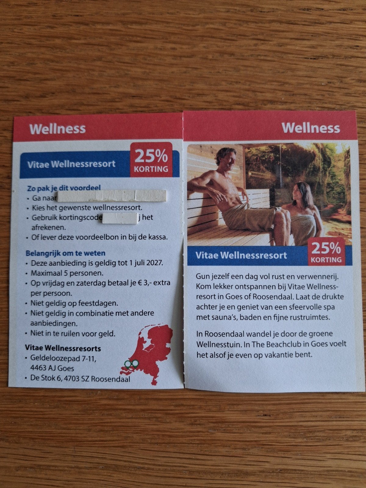 VITAEA WELLNES RESORT GOES OF ROOSENDAAL 25% KORT MAX 5 PERS, Tickets en Kaartjes, Drie personen of meer, Kortingsbon, Spa of Sauna