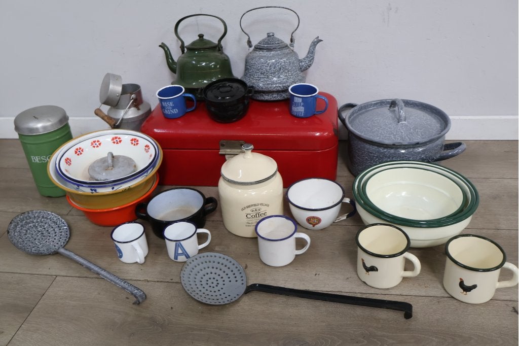 Set geëmailleerd Vintage keukengerei, Ophalen of Verzenden, Niet ingevuld, Niet ingevuld, Niet ingevuld