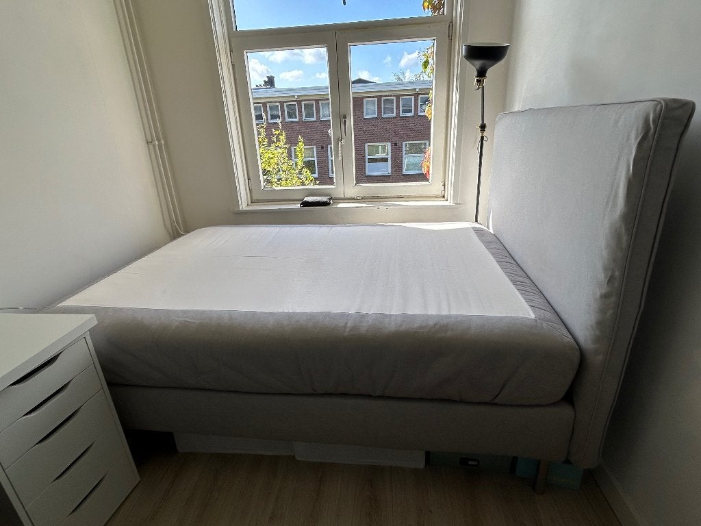 Boxspring dunvik 140x200, grijs (zonder matras), Ophalen, Gebruikt, Tweepersoons, 140 cm