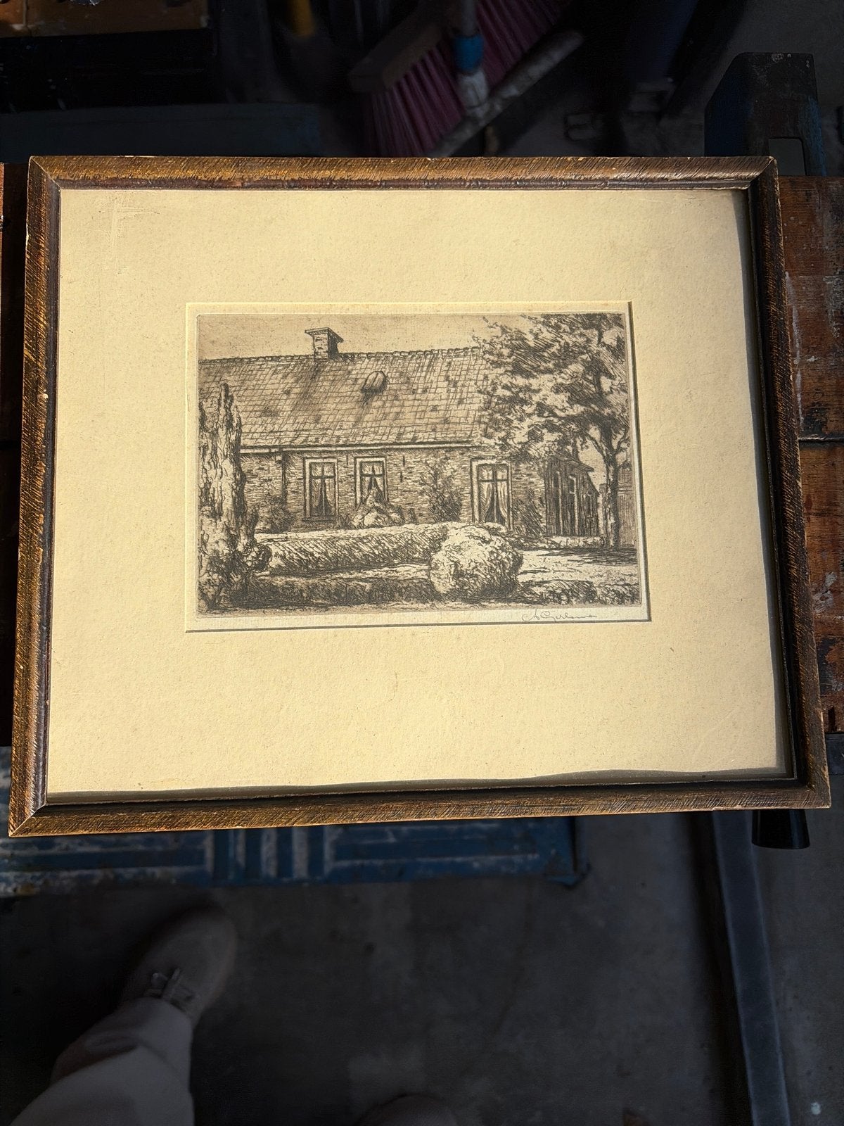Oude ets van een boerderij, ingelijst, Ophalen, Ingelijst, Ets, Landschap
