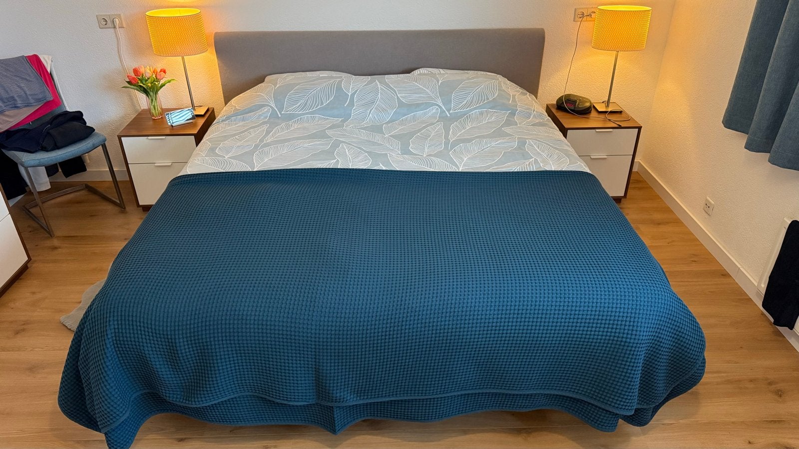 Sprei 220 x 240 cm - Teal wafelstructuur, Blauw, Katoen, Tweepersoons, Ophalen of Verzenden