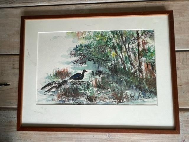 Groene aquarel. Bos en watergebied met vogel. Gesigneerd., Antiek en Kunst, Ophalen