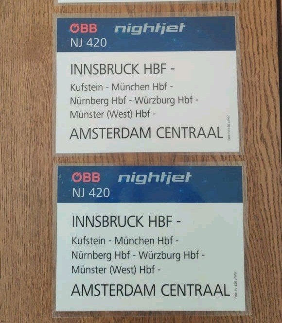 Nightjet 421 Innsbruck - Amsterdam Koersbord, Verzamelen, Spoorwegen en Tramwegen, Ophalen of Verzenden, Gebruikt, Trein, Overige typen