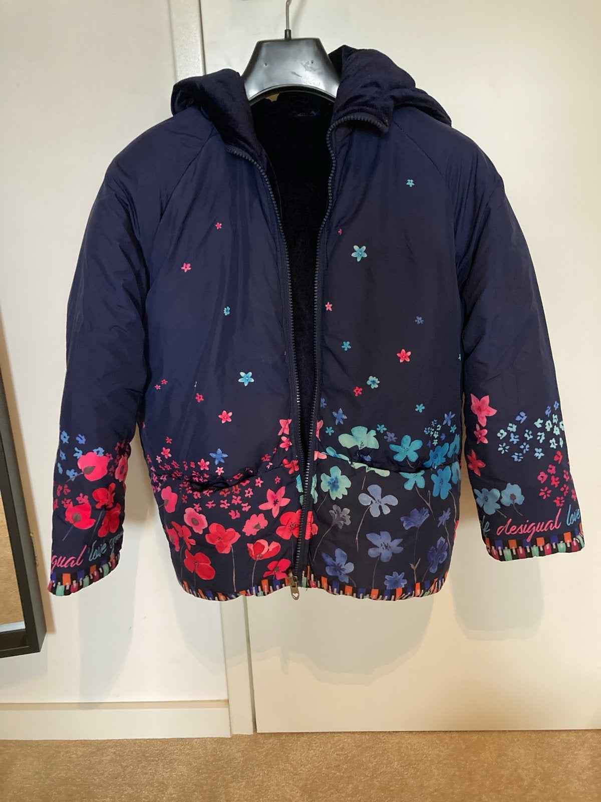 Desigual omkeerbare jas met bloemenprint en fluweel, Ophalen of Verzenden, Zo goed als nieuw, Maat 38/40 (M), Blauw
