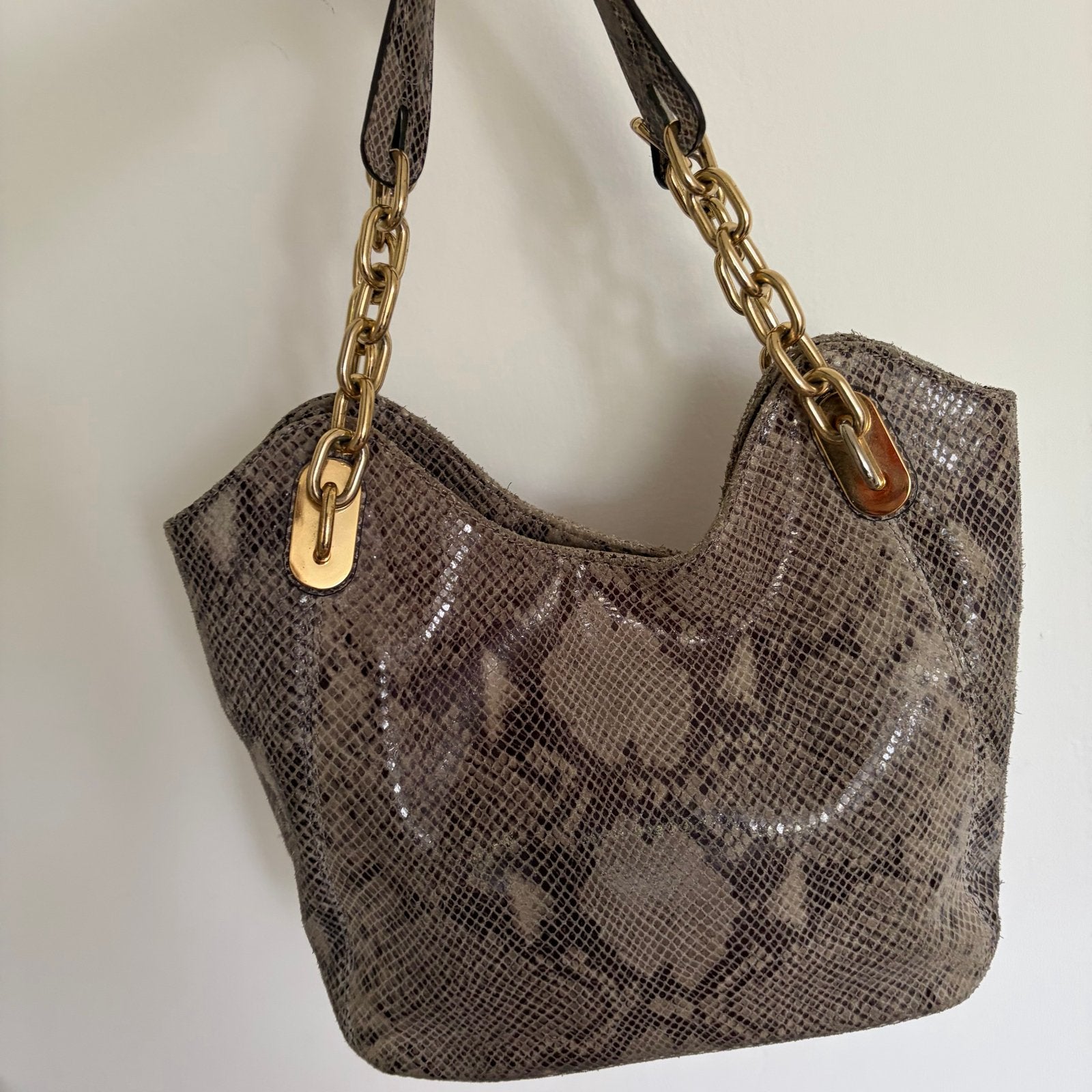 Michael Kors Handtas met Slangenprint en Gouden Details, Ophalen of Verzenden, Gebruikt, Grijs, Handtas