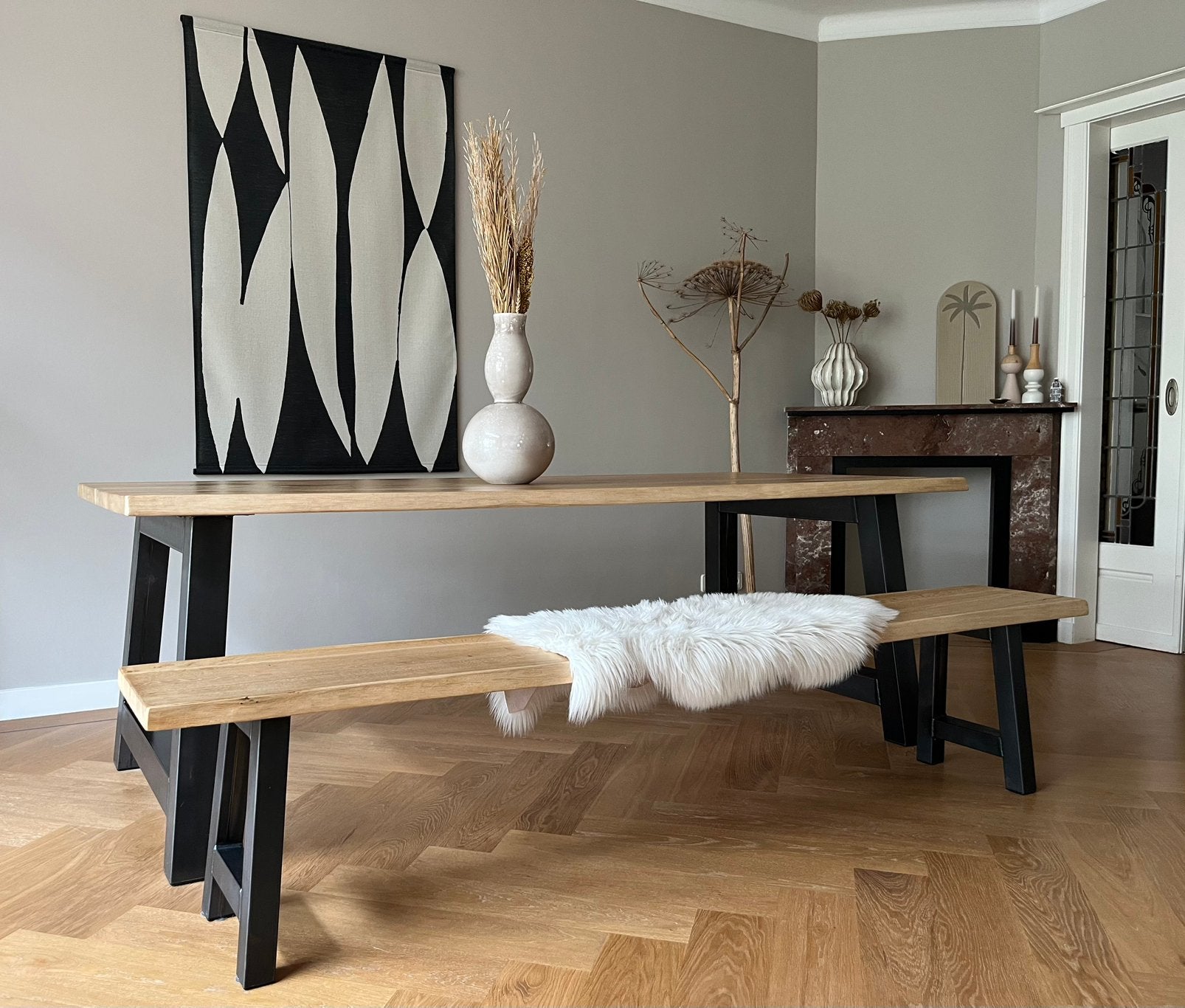 Boomstam eettafel met bankje, Ophalen, Eikenhout, 200 cm of meer, 50 tot 100 cm