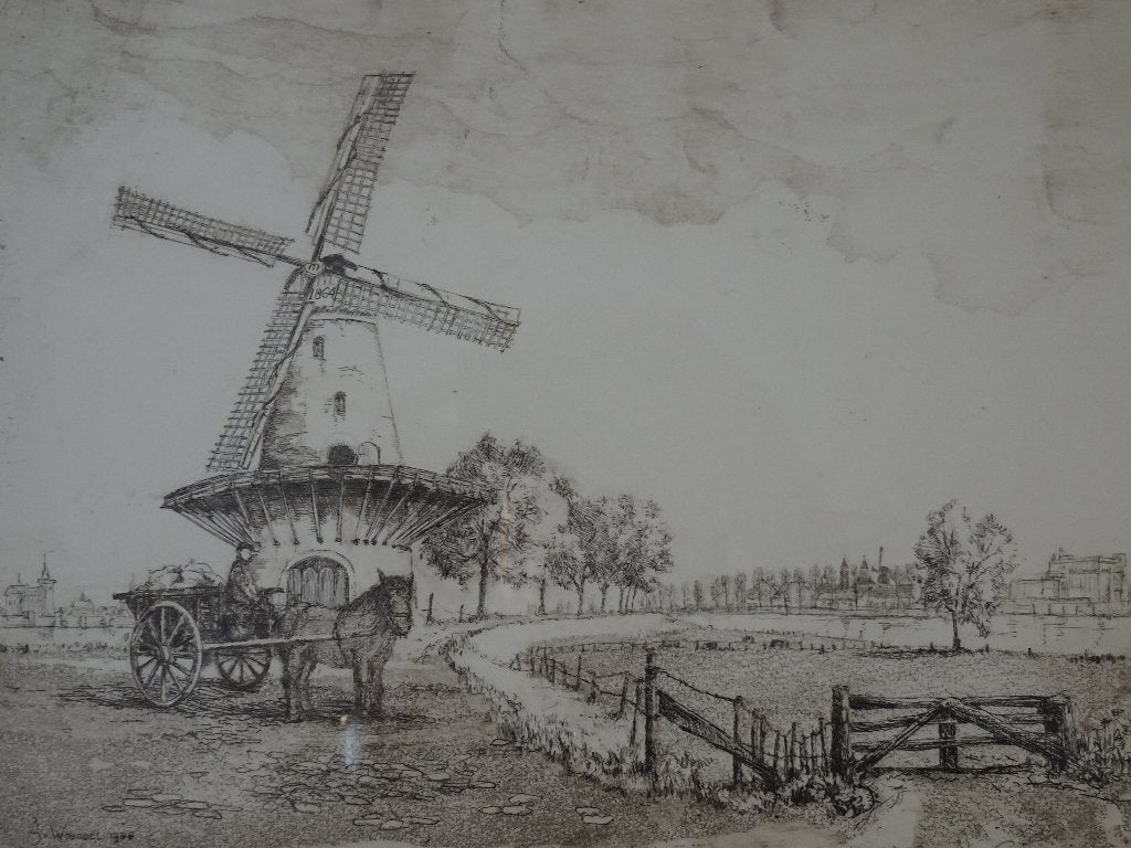Ets zicht op Ravenstein, molen paard en wagen A. van Woensel, Antiek en Kunst, Stadsgezicht, Ophalen of Verzenden, Ingelijst, 1950 - 1999